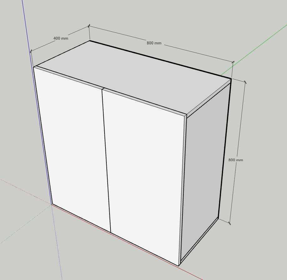رسم SketchUp لوحدة تخزين ببابين مع إظهار الأبعاد الخارجية 80 سم عرض و80 سم ارتفاع و40 سم عمق
